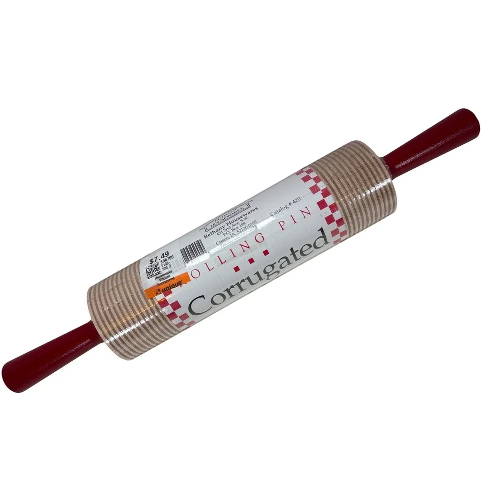 Bethany Housewares Corrugated Rolling Pin Hard Maple Lefse Baker Red Handle 420
